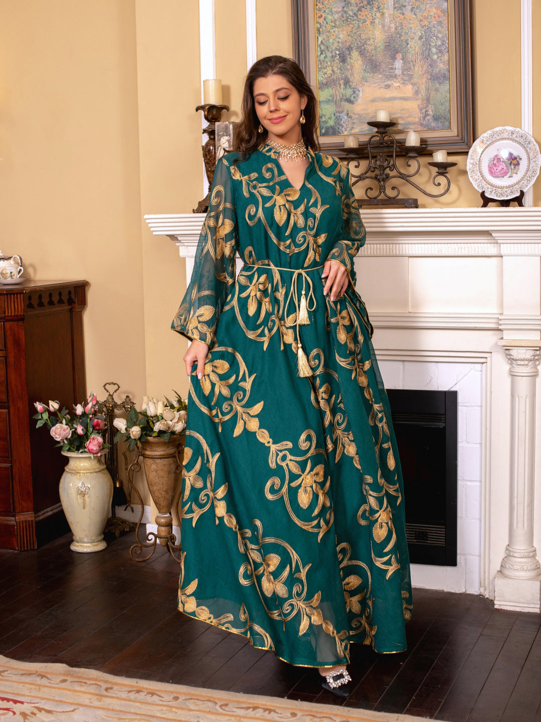 Arab Dubai Embroidered Mesh Dress European Muslim Party Dinner Fashion - Shayn.online