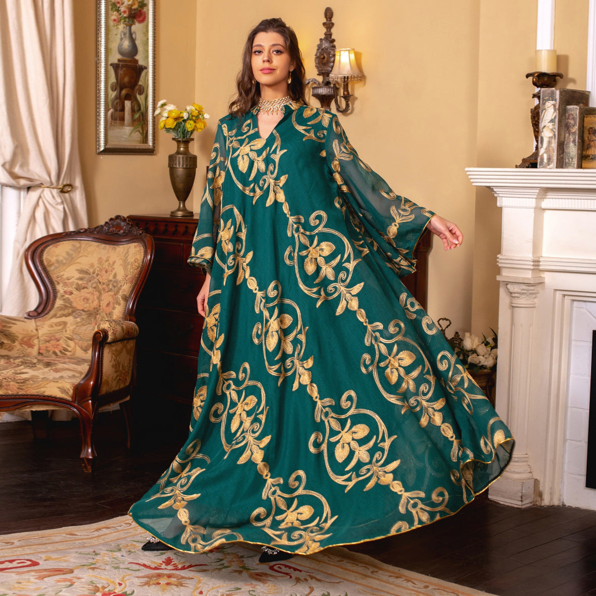 Arab Dubai Embroidered Mesh Dress European Muslim Party Dinner Fashion - Shayn.online
