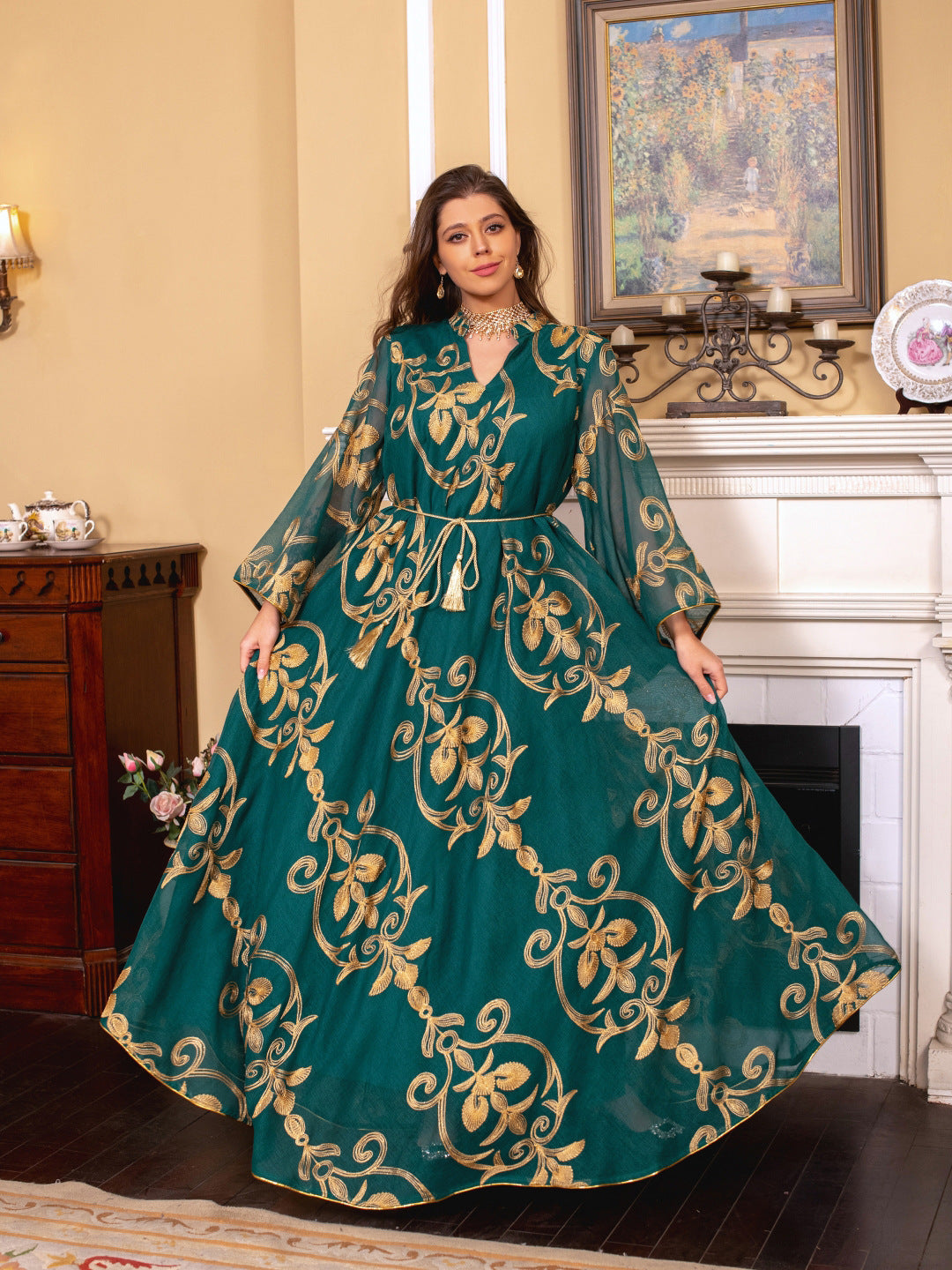 Arab Dubai Embroidered Mesh Dress European Muslim Party Dinner Fashion - Shayn.online