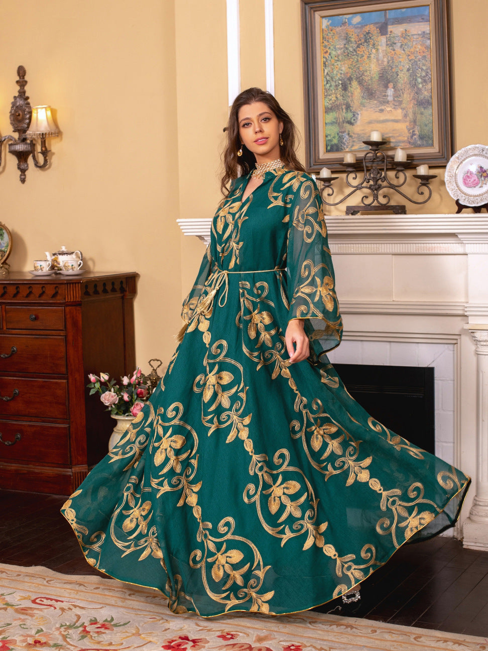 Arab Dubai Embroidered Mesh Dress European Muslim Party Dinner Fashion - Shayn.online