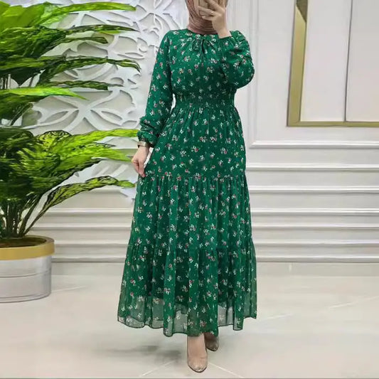 Women's Middle East Muslim Chiffon Flower Smocking Long Fashion Elegant Dress - Shayn.online